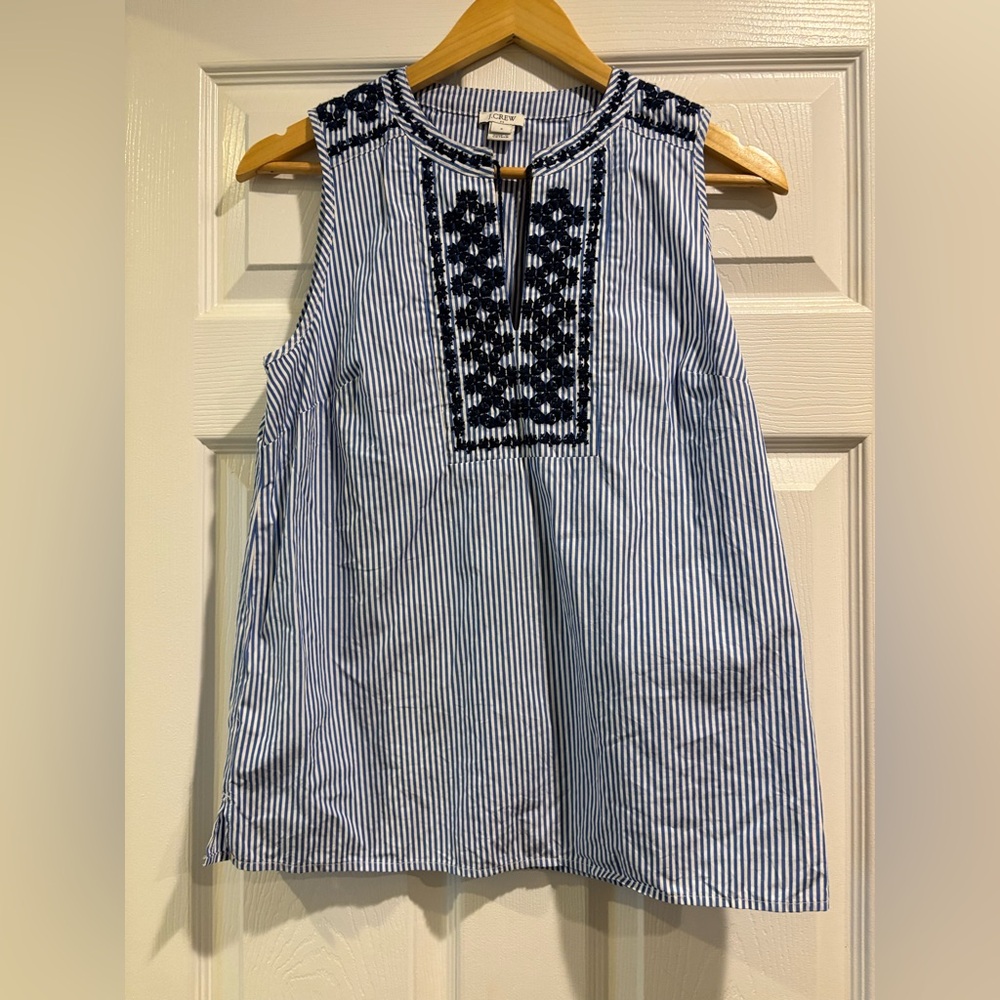 J. Crew Blue and White Striped Top with Black Embroidery
